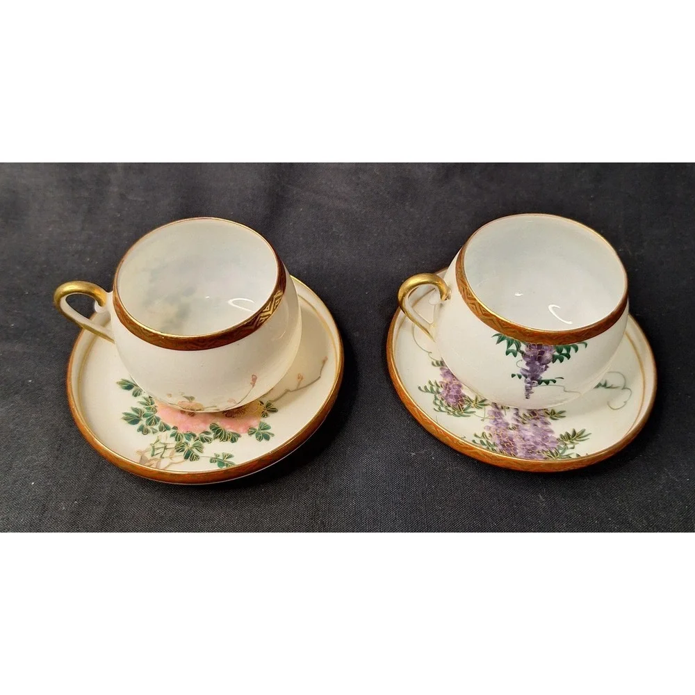 Vintage Set of 2 Soko China Hand Painted Eggshell Porcelain Demitasse Cup Saucer